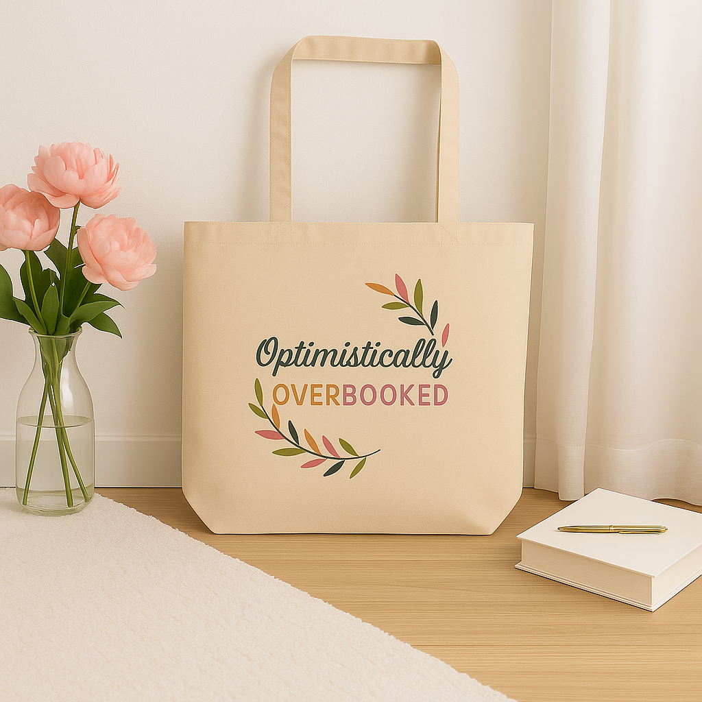 Optimistically Overbooked™ Reusable Shopping Bag, Cute Gift for Friends, Earth Day, Travel Bag