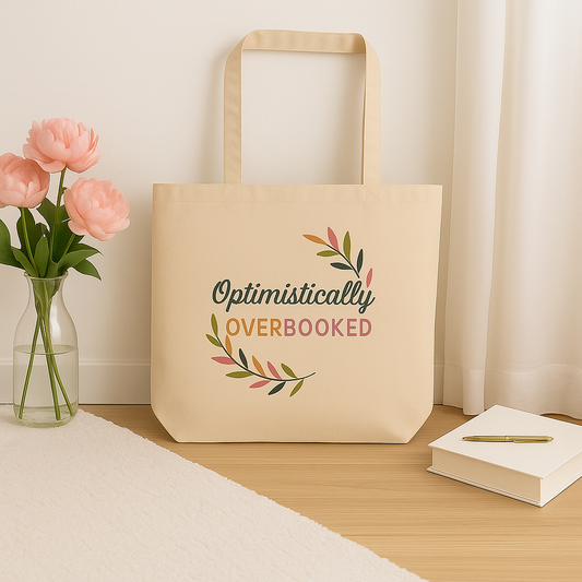 Optimistically Overbooked™ Reusable Shopping Bag, Cute Gift for Friends, Earth Day, Travel Bag